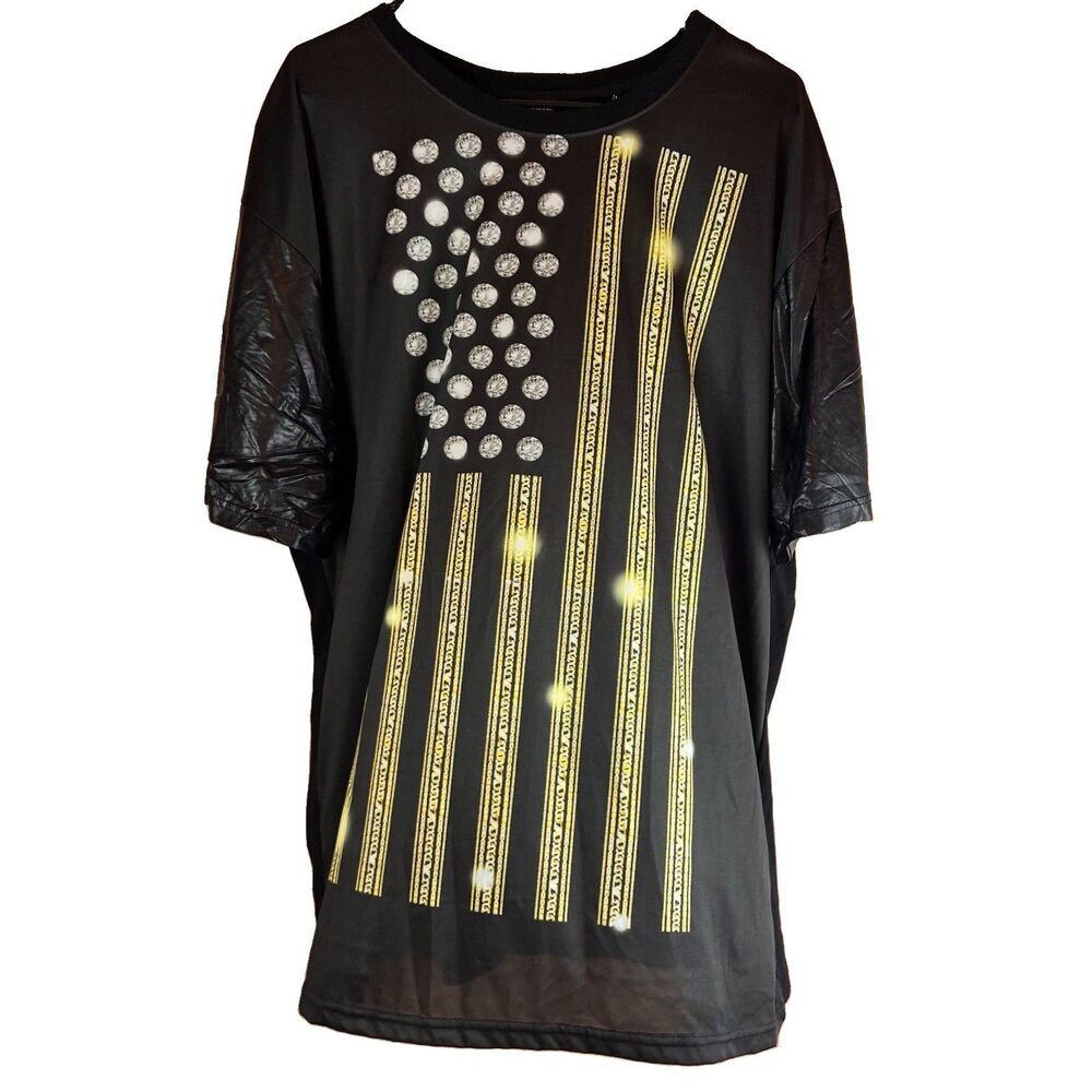 Ablanche Mens Black American flag Tee Faux Leather Sleeves Size 3XL NWT